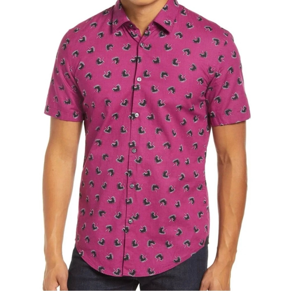 NWT Men’s BOSS Hugo Boss Ronn Slim Fit Button up Shirt Small Magenta Linen Blend